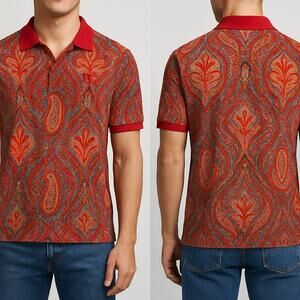 Le Jean de Marithé + François Girbaud XL Y2K Polo Shirt Red Paisley Print Cotton